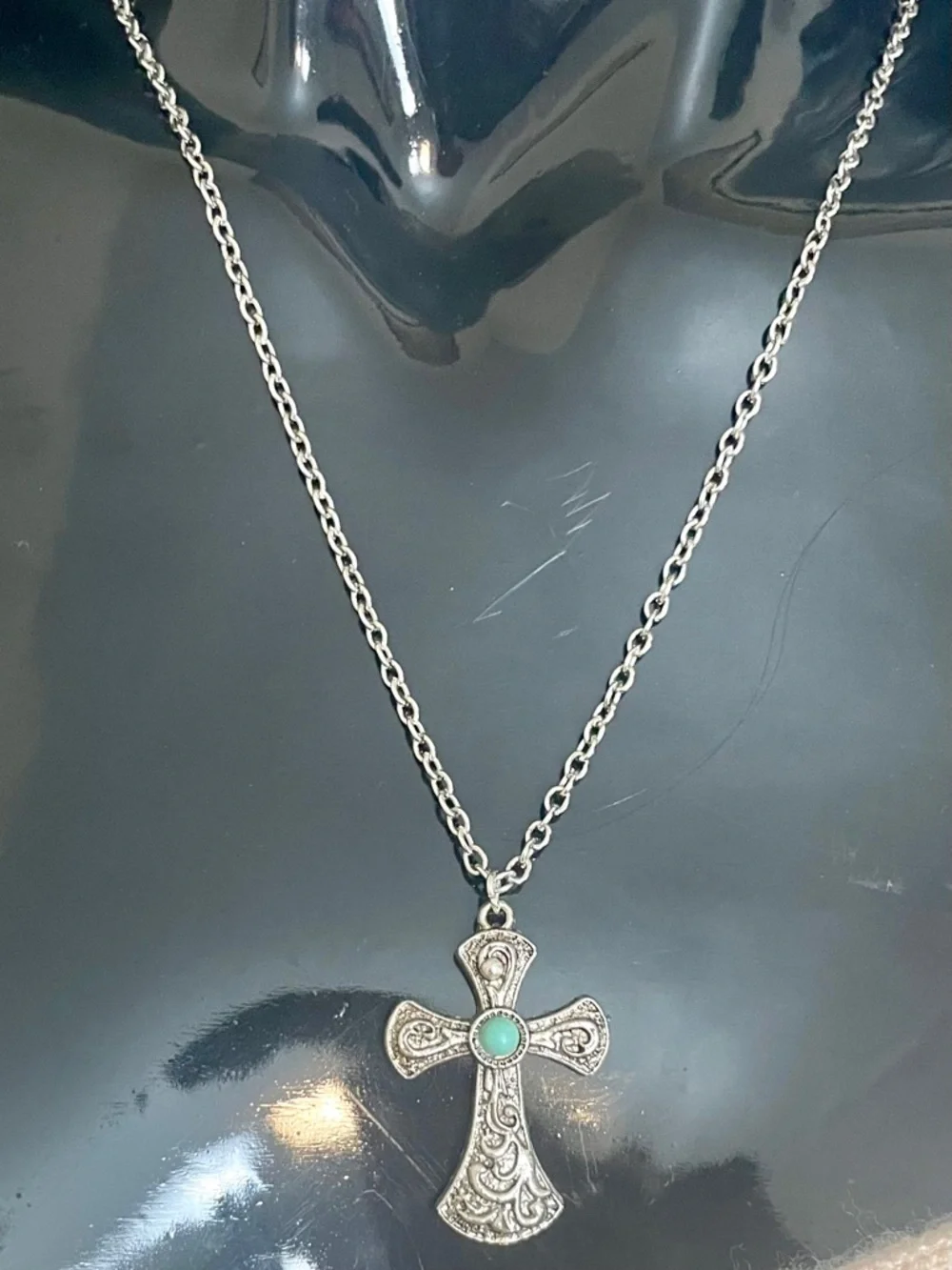 Silver Tone Filigree Cross Pendant Necklace with Faux Turquoise Accent NWOT